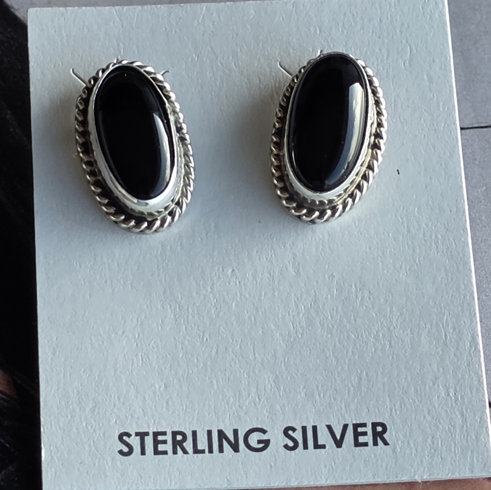 Sterling Silver Black Onyx Navajo Made Earrings - Picture 3 of 9